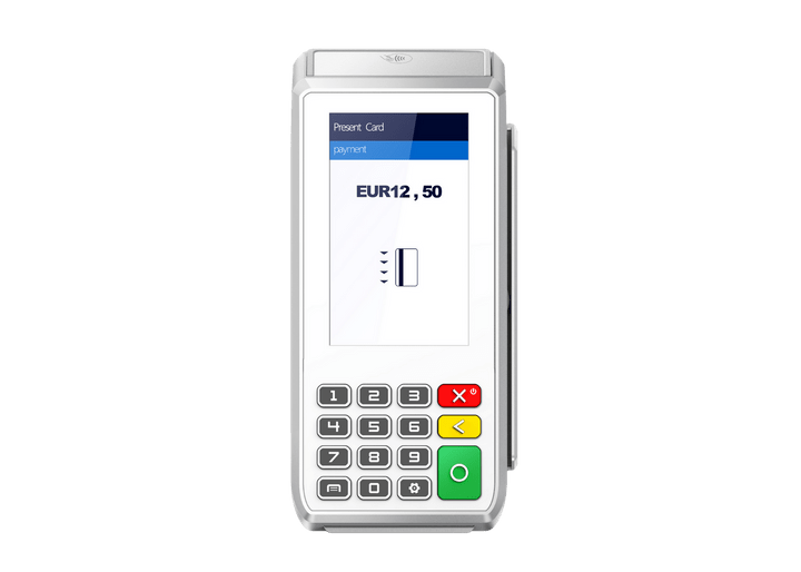 Front view of the PAX A80 terminal with touchscreen and physical keypad.